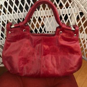 Red leather with silver trim shoulder bag
